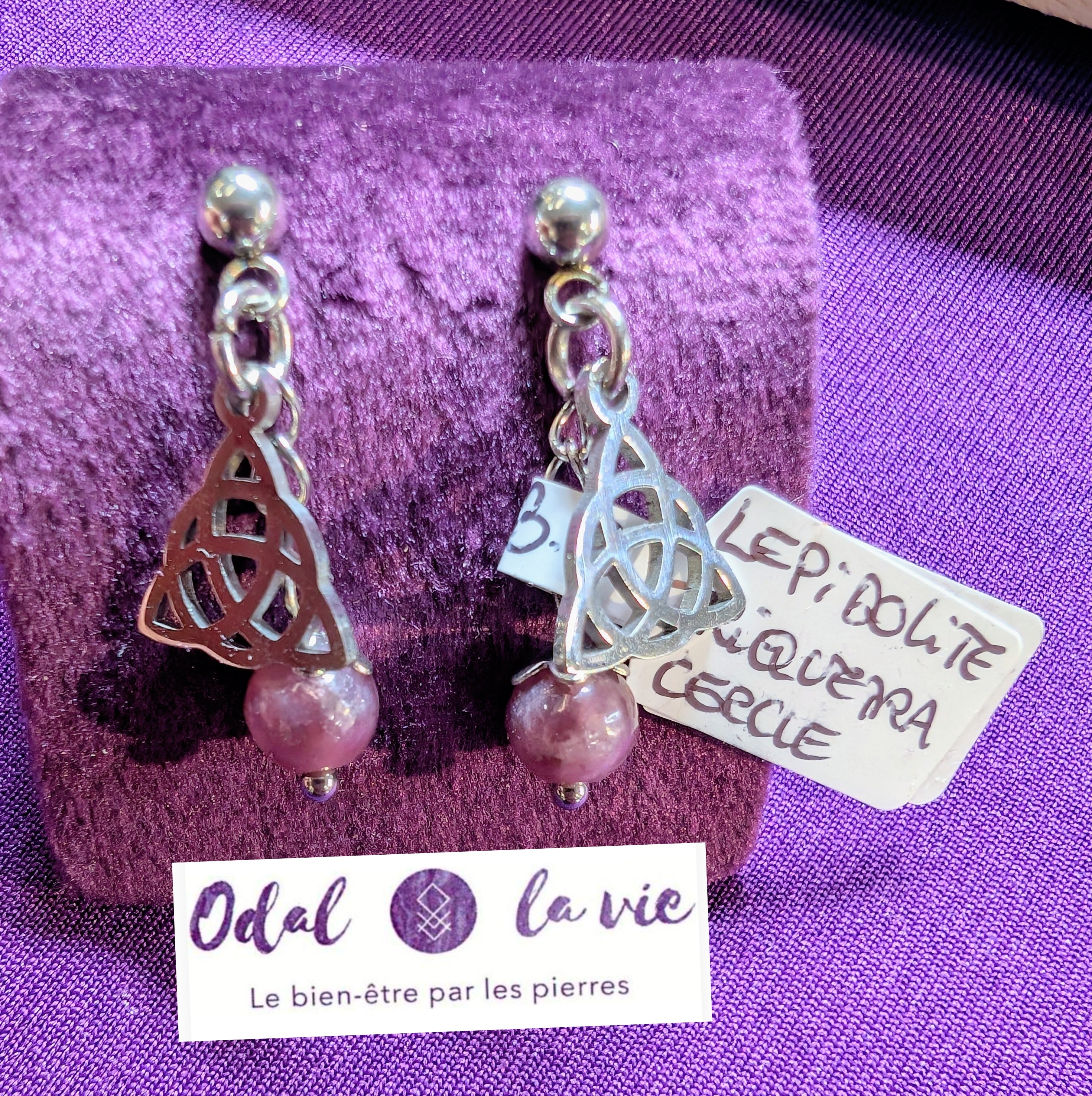 Boucles d'oreilles pierre naturelle de Lépidolite, noeud celte