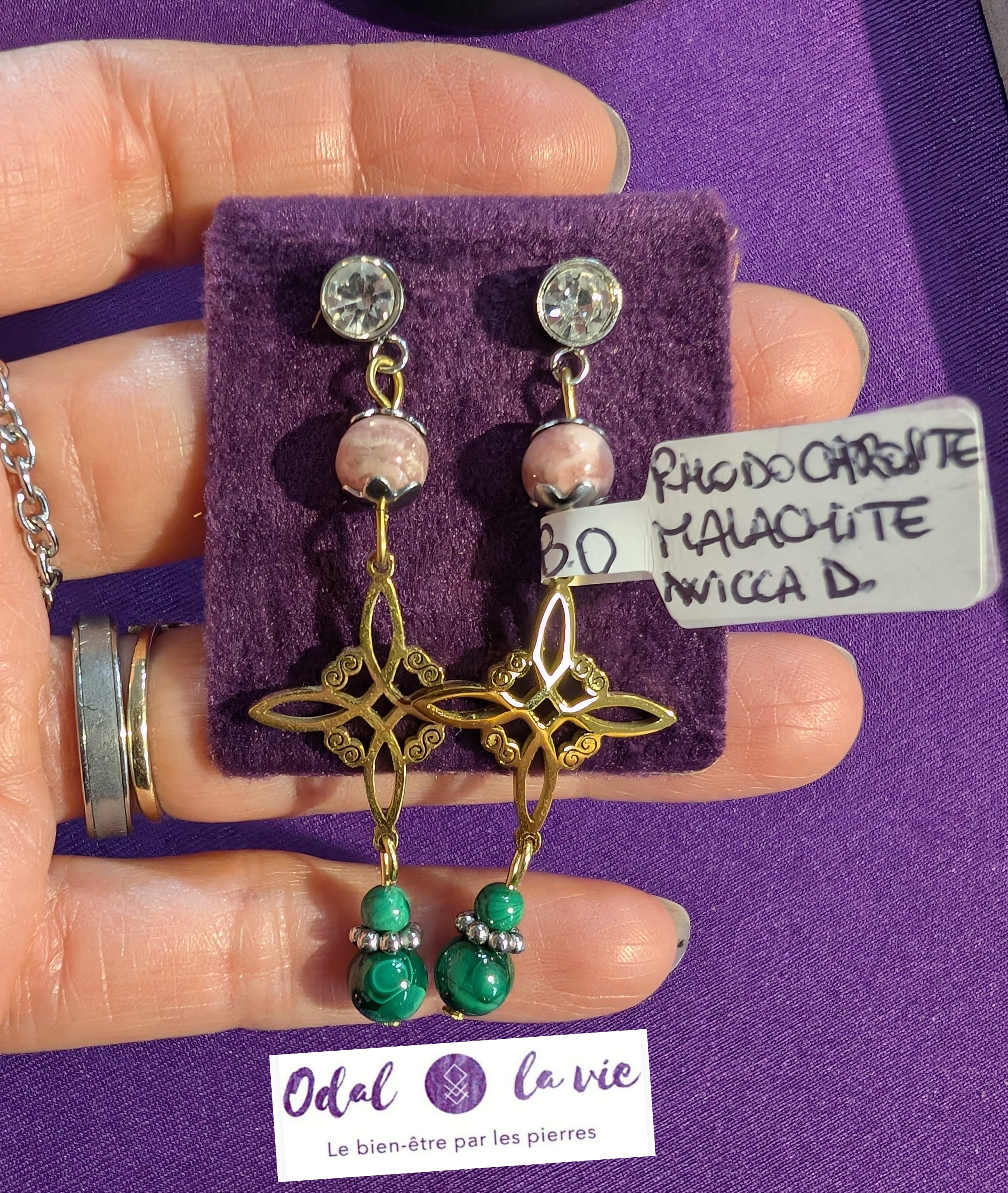 Boucles d'oreilles malachite et rhodochrosite nœud de sorcière