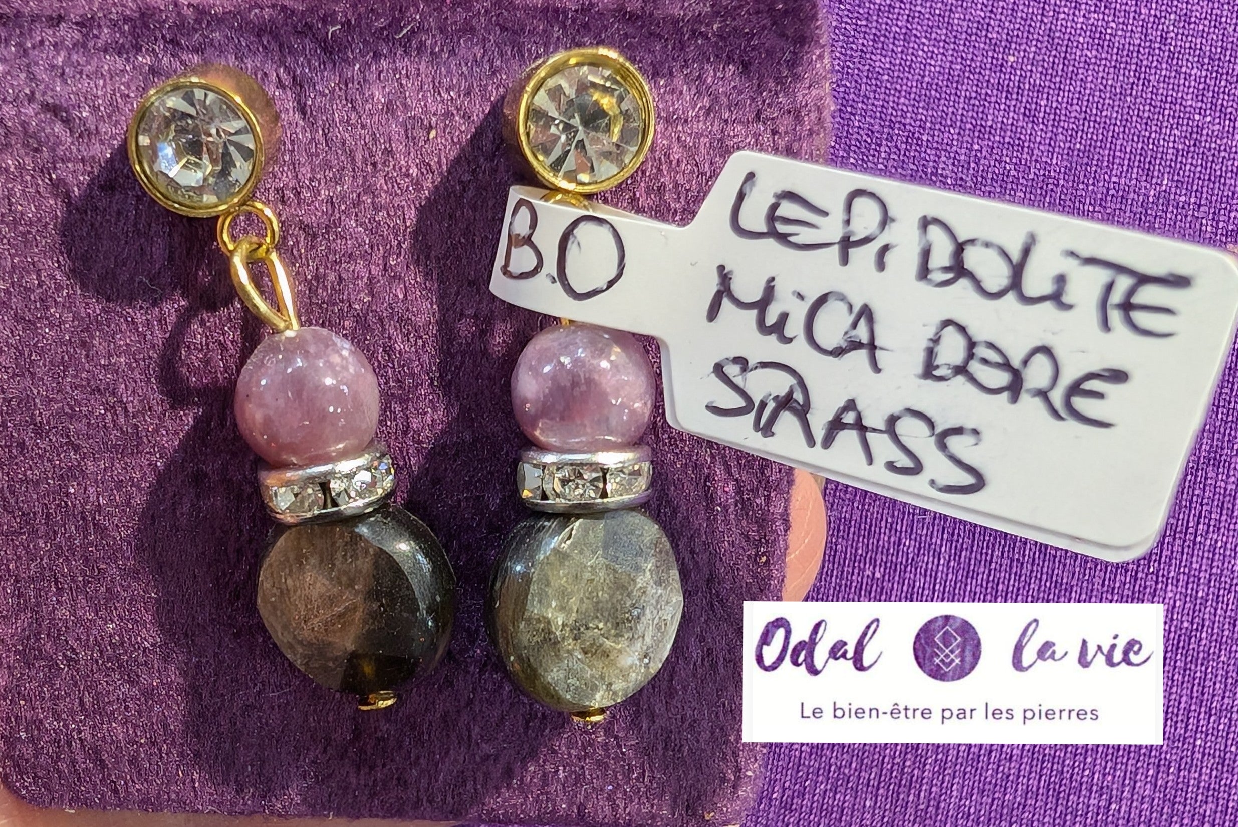 Boucle d'oreilles strass, lépidolite et mica doré