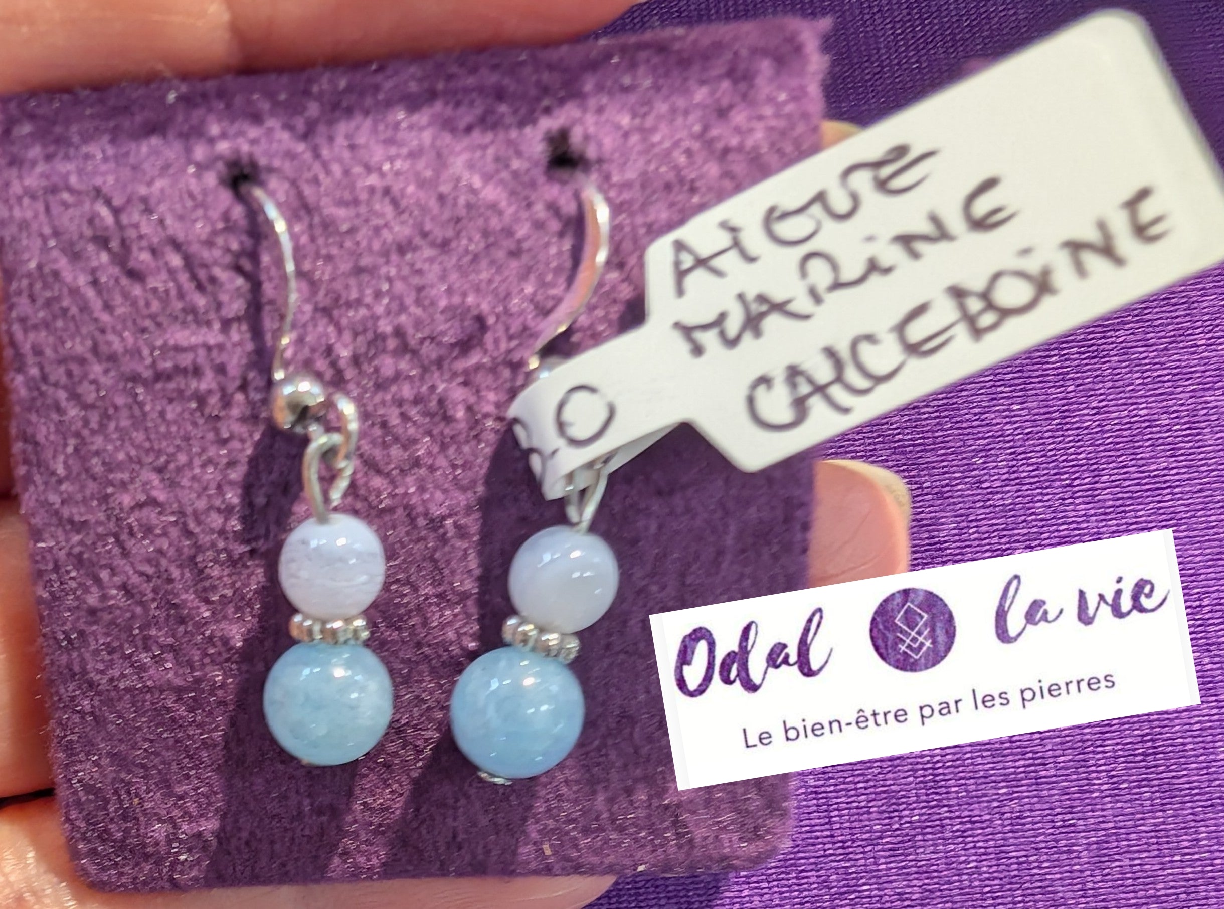 Boucles d'oreilles aigue marine et calcédoine bleue