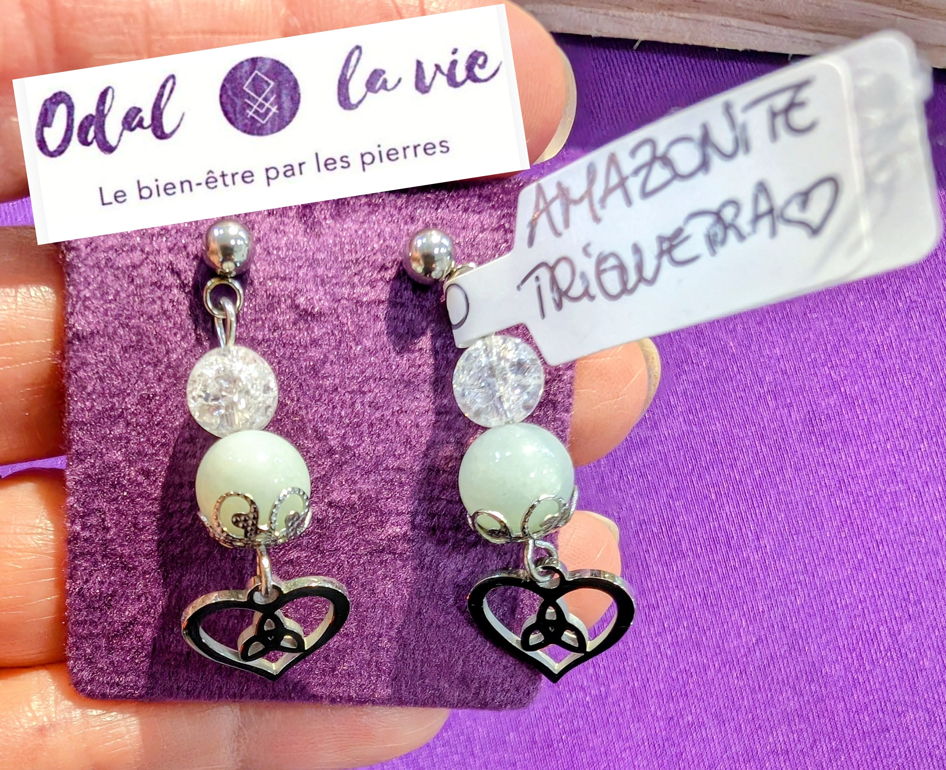 Boucles d'oreilles amazonite et cristal de roche craquelée coeur triquetra, noeud celtique