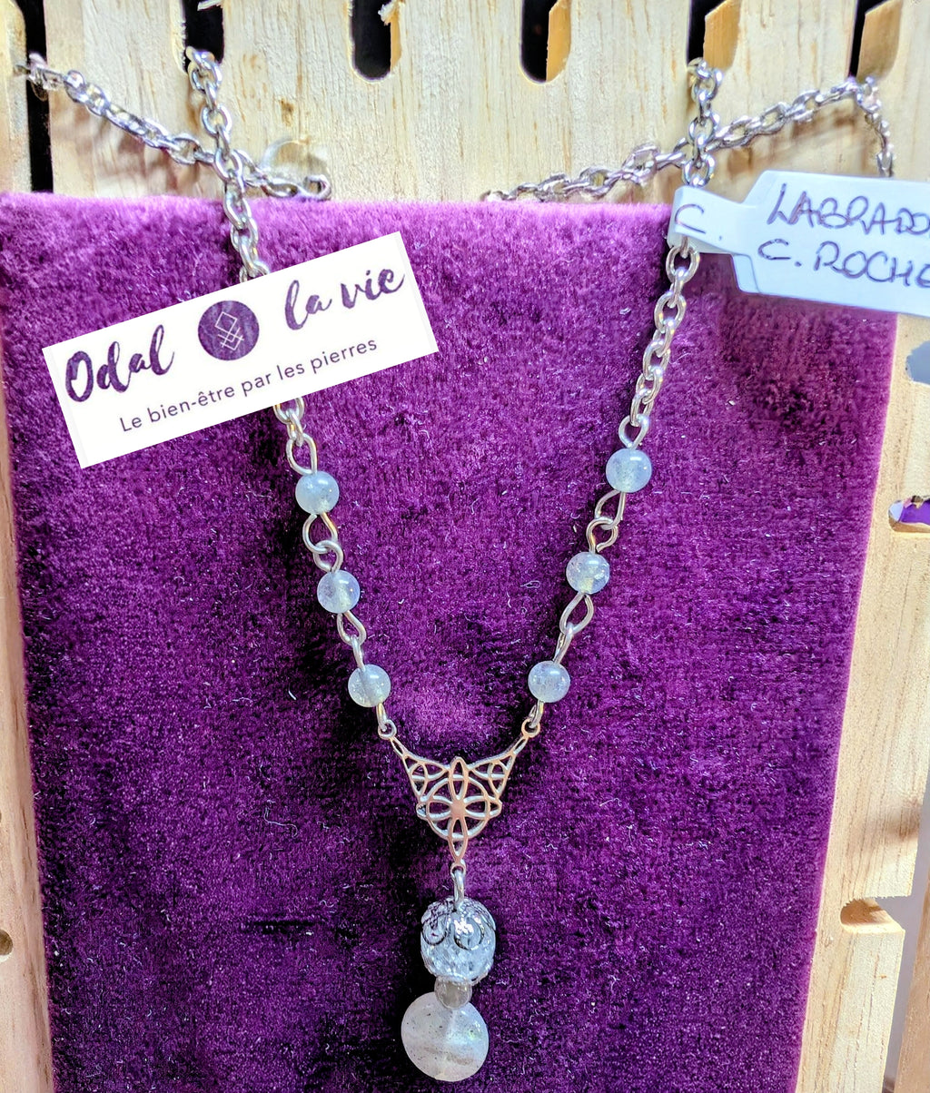 Sautoir labradorite, cristal de Roche craquelé connecteur wicca noeud de sorcière